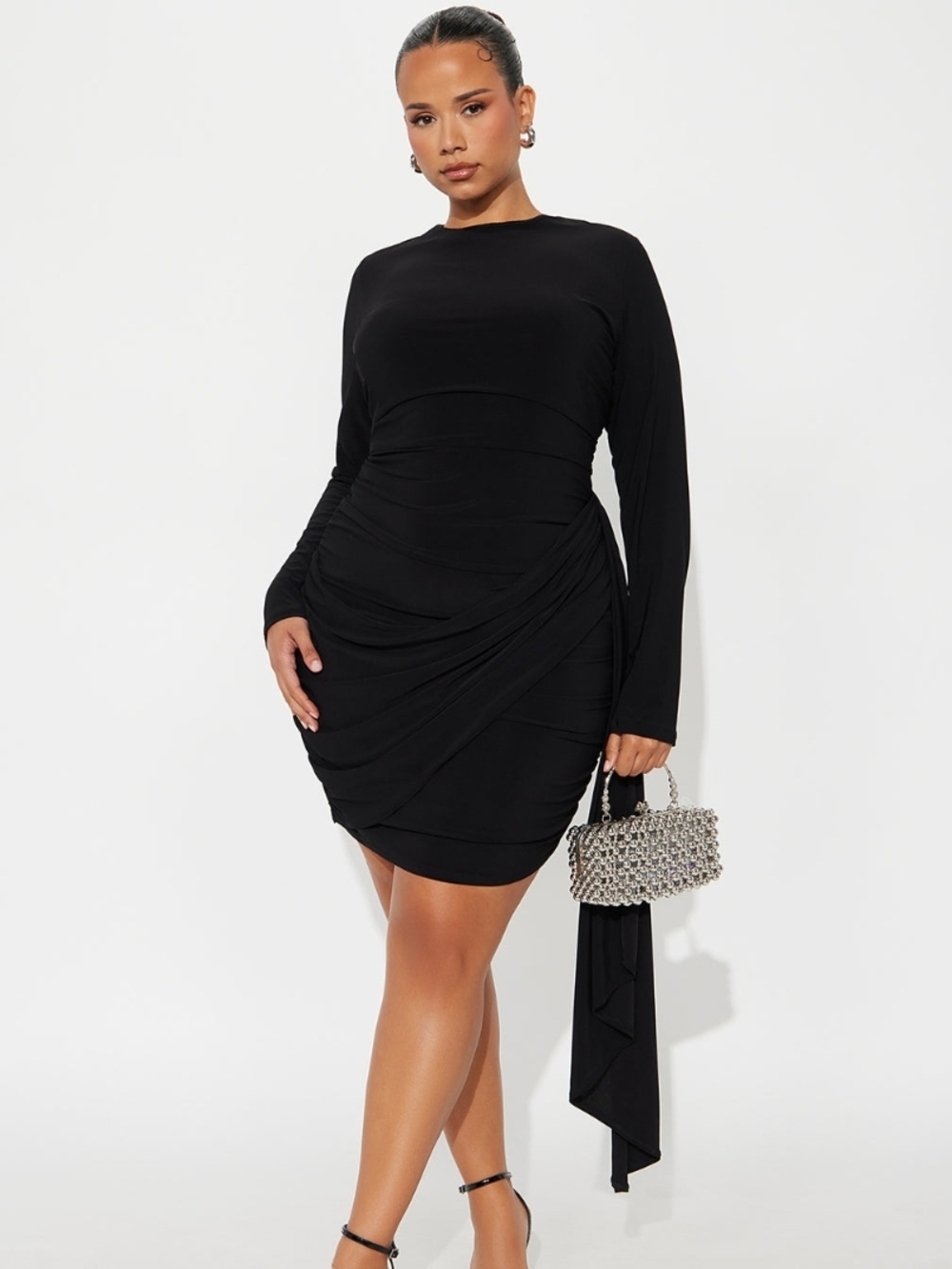 Fashion Nova Stella Ruched Long Sleeve Mini Dress - Black (1X) (EUC) - Picture 5 of 11